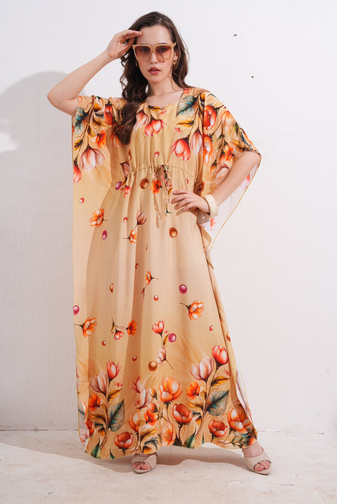 Womens Printed Kaftan Nightdress - Mustard