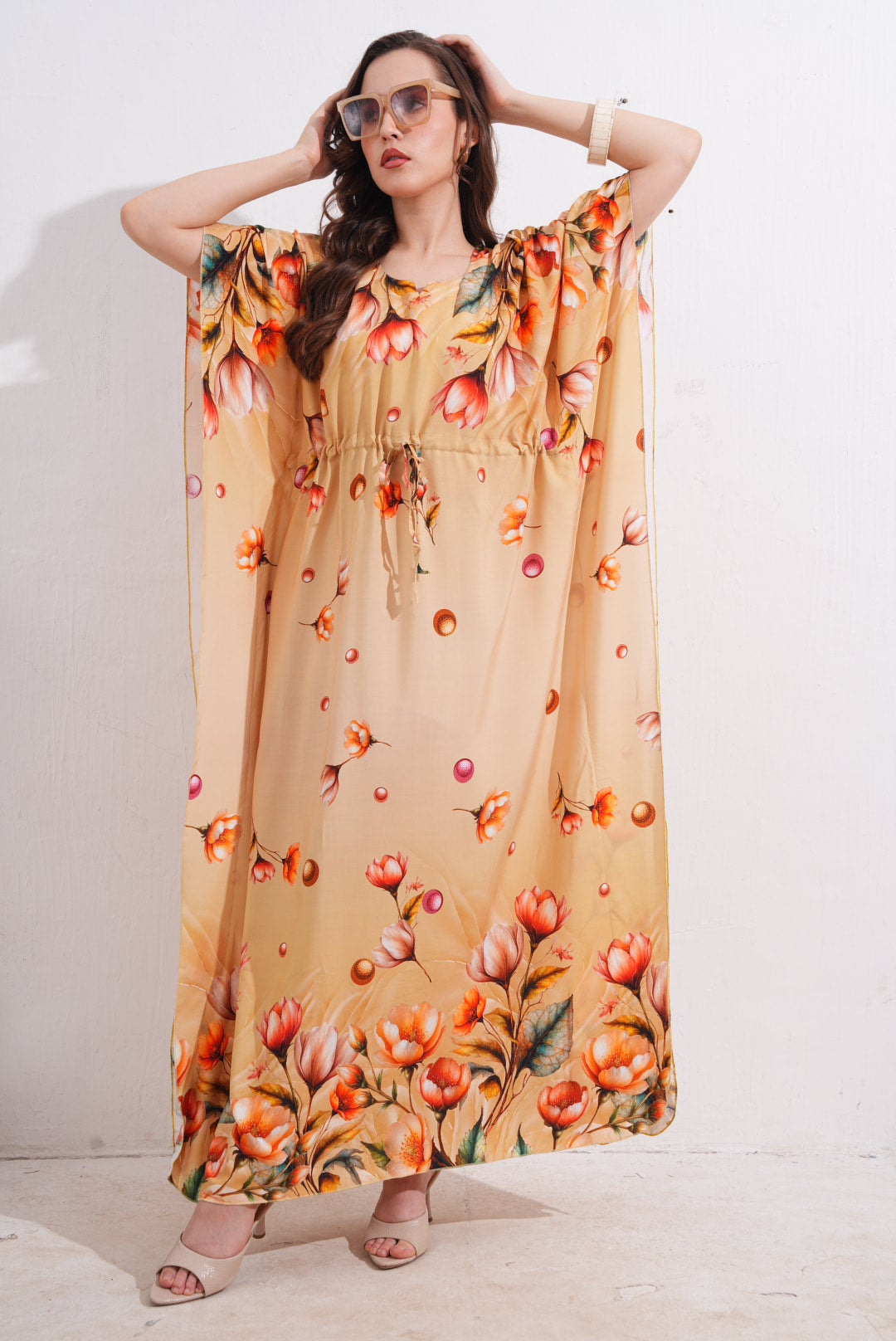 Womens Printed Kaftan Nightdress - Mustard