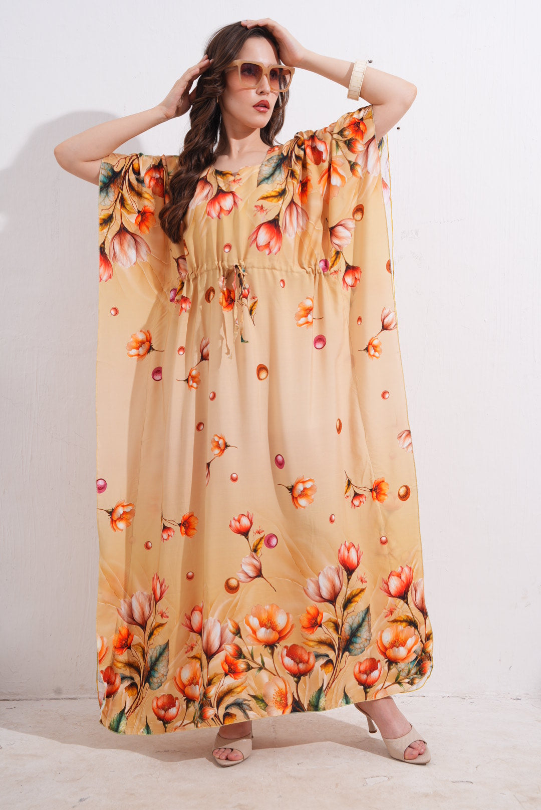 Womens Printed Kaftan Nightdress - Mustard