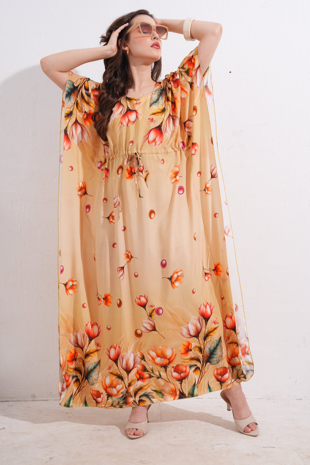 Womens Printed Kaftan Nightdress - Mustard