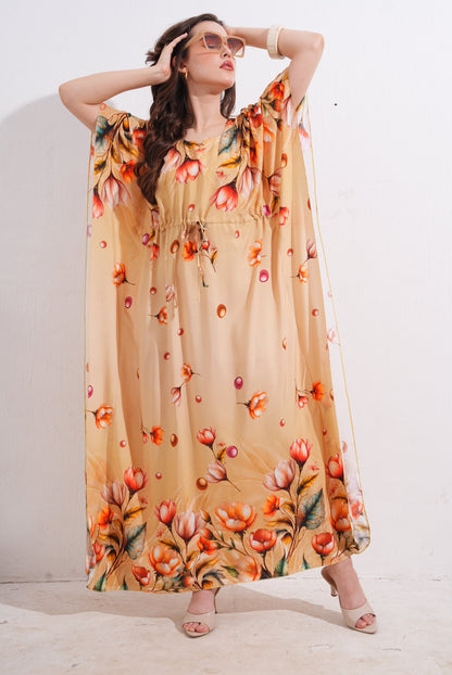 Womens Printed Kaftan Nightdress - Mustard