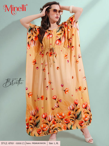 Womens Printed Kaftan Nightdress - Mustard