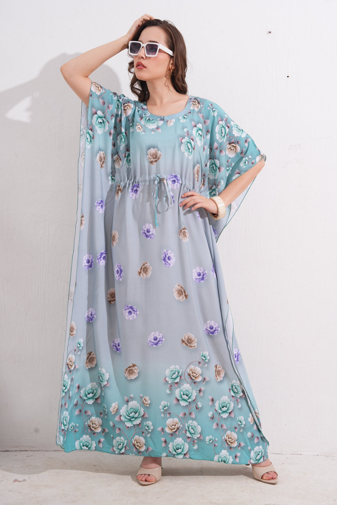 Womens Printed Kaftan Nightdress - Pale Aqua
