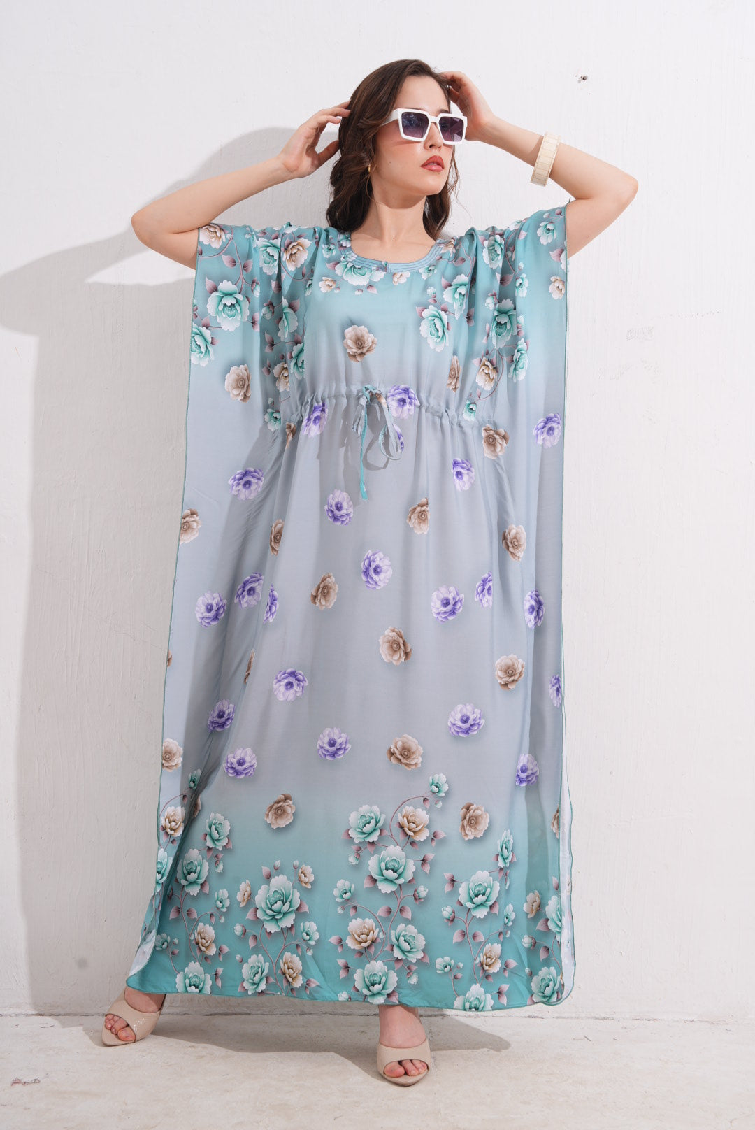 Womens Printed Kaftan Nightdress - Pale Aqua