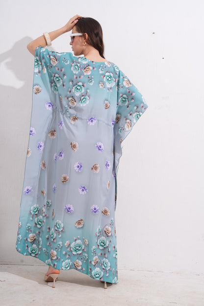 Womens Printed Kaftan Nightdress - Pale Aqua