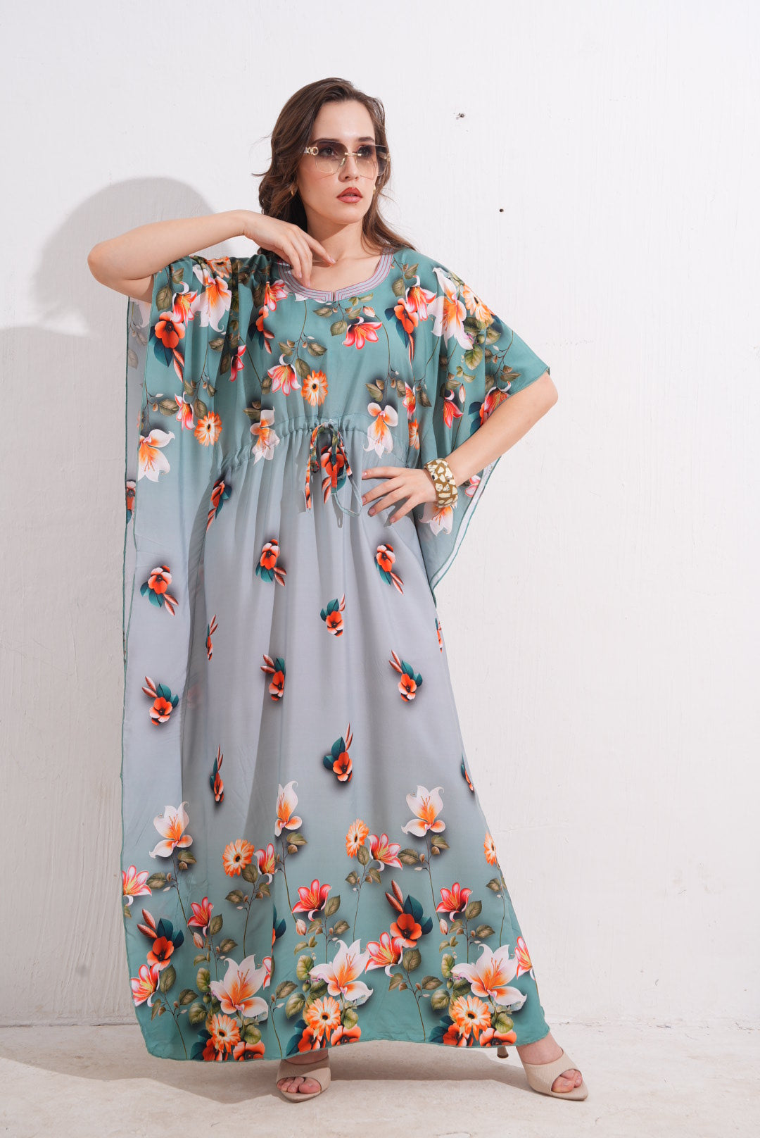 Womens Printed Kaftan Nightdress - Beetle Green