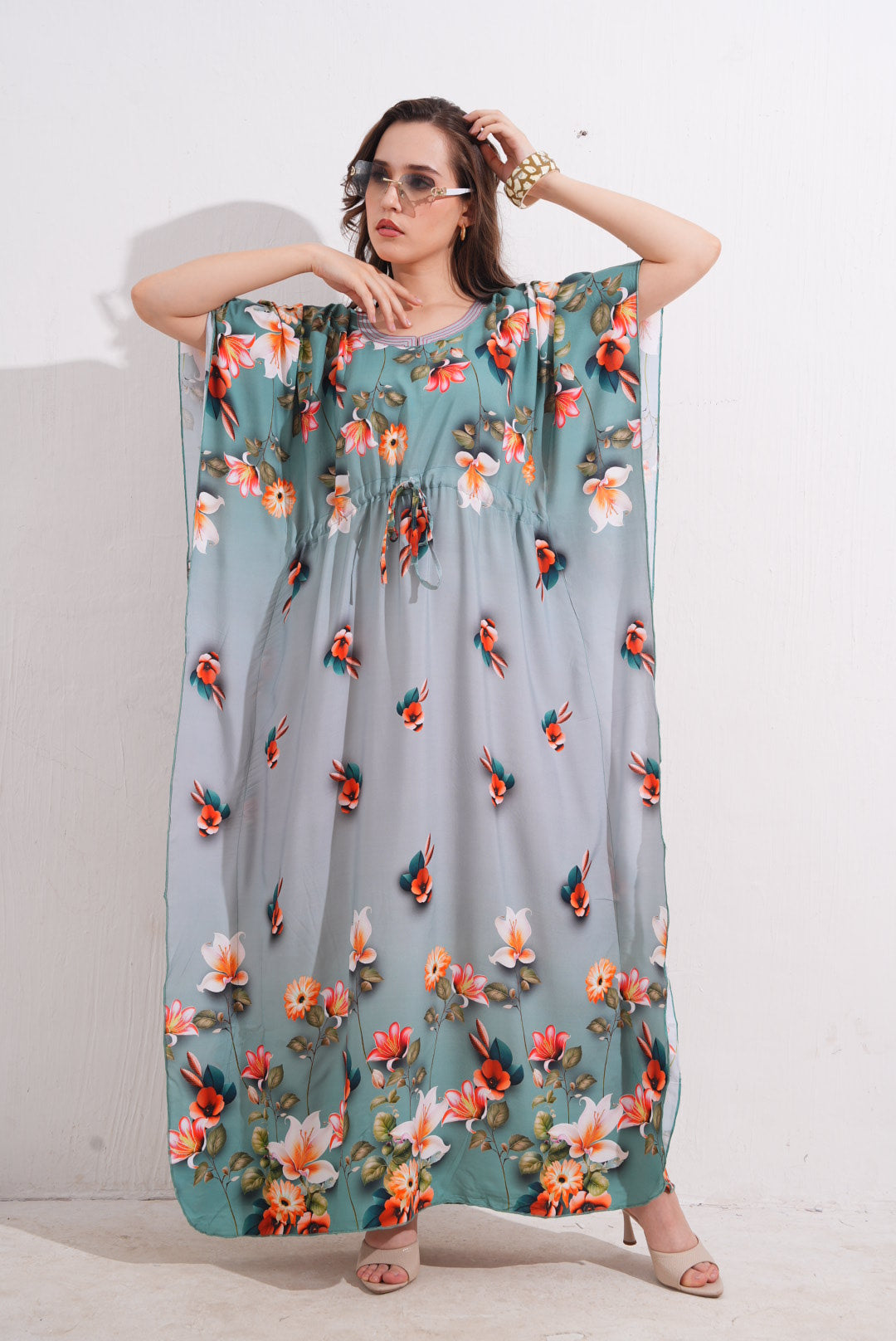 Womens Printed Kaftan Nightdress - Beetle Green