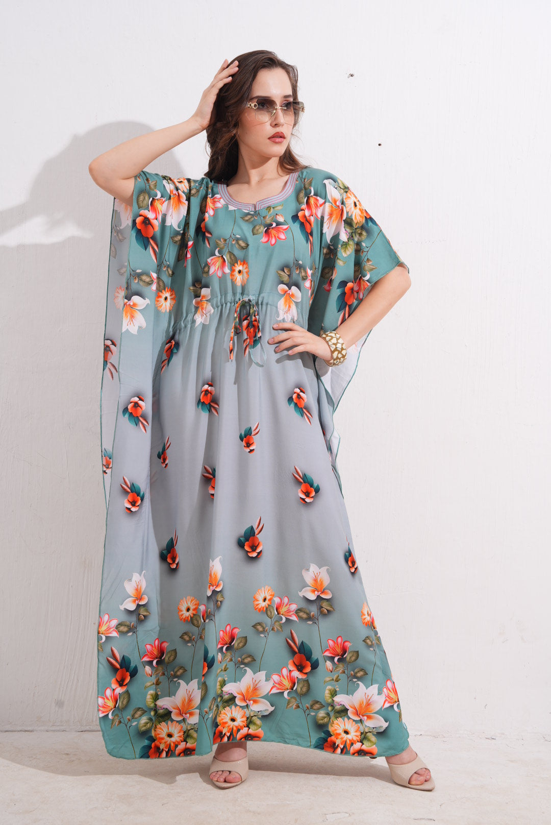 Womens Printed Kaftan Nightdress - Beetle Green