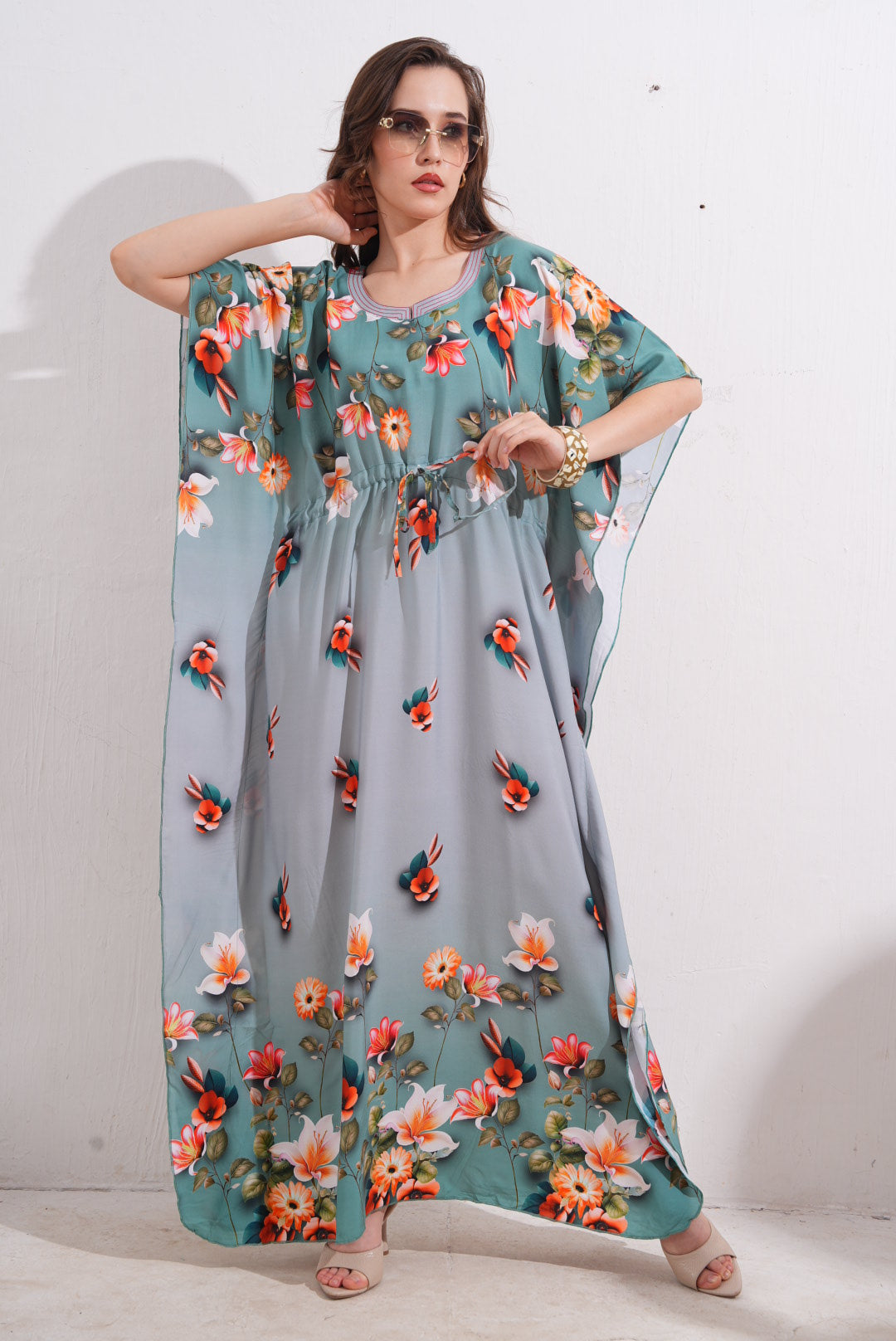 Womens Printed Kaftan Nightdress - Beetle Green