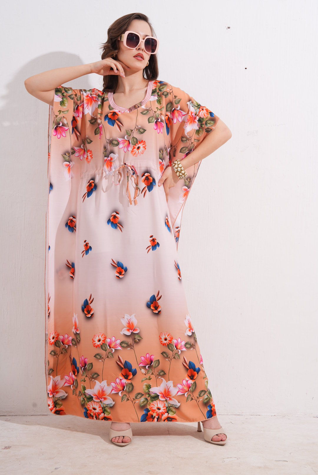 Womens Printed Kaftan Nightdress - Peach