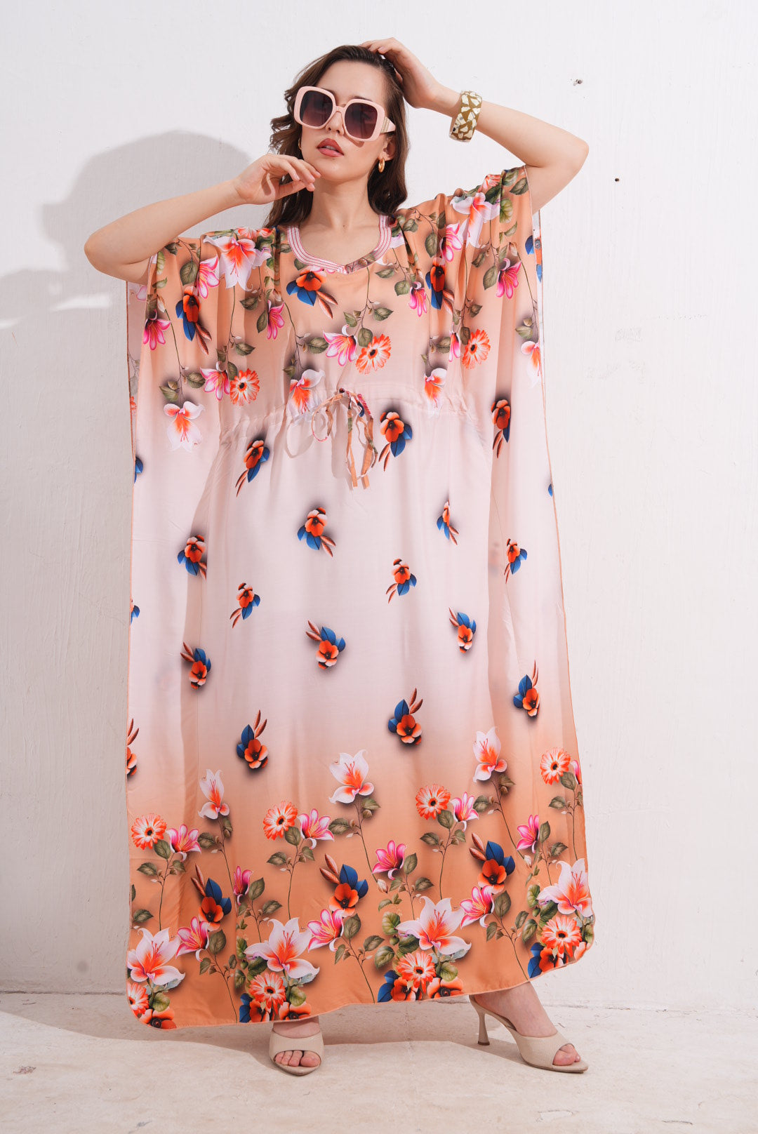 Womens Printed Kaftan Nightdress - Peach