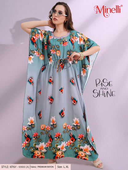 Womens Printed Kaftan Nightdress - Beetle Green