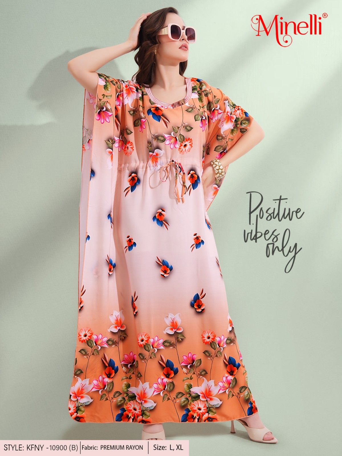 Womens Printed Kaftan Nightdress - Peach