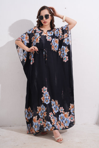 Womens Printed Kaftan Nightdress - Black