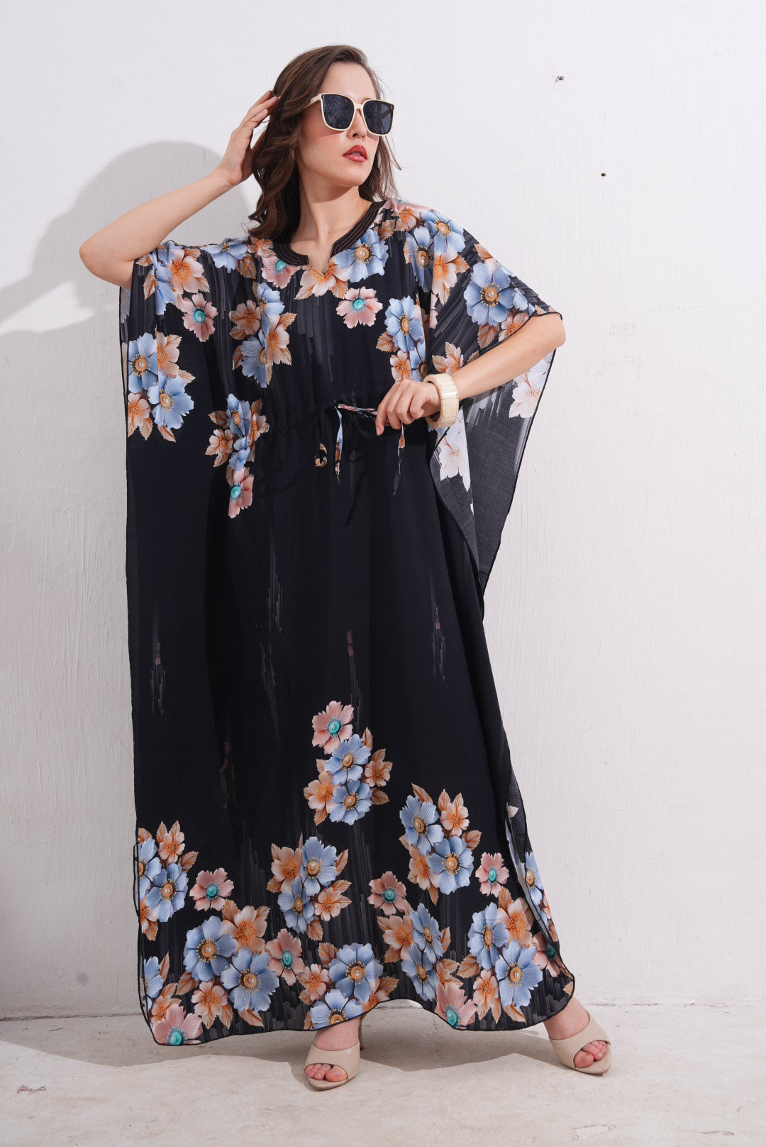 Womens Printed Kaftan Nightdress - Black