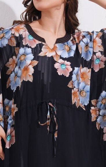 Womens Printed Kaftan Nightdress - Black