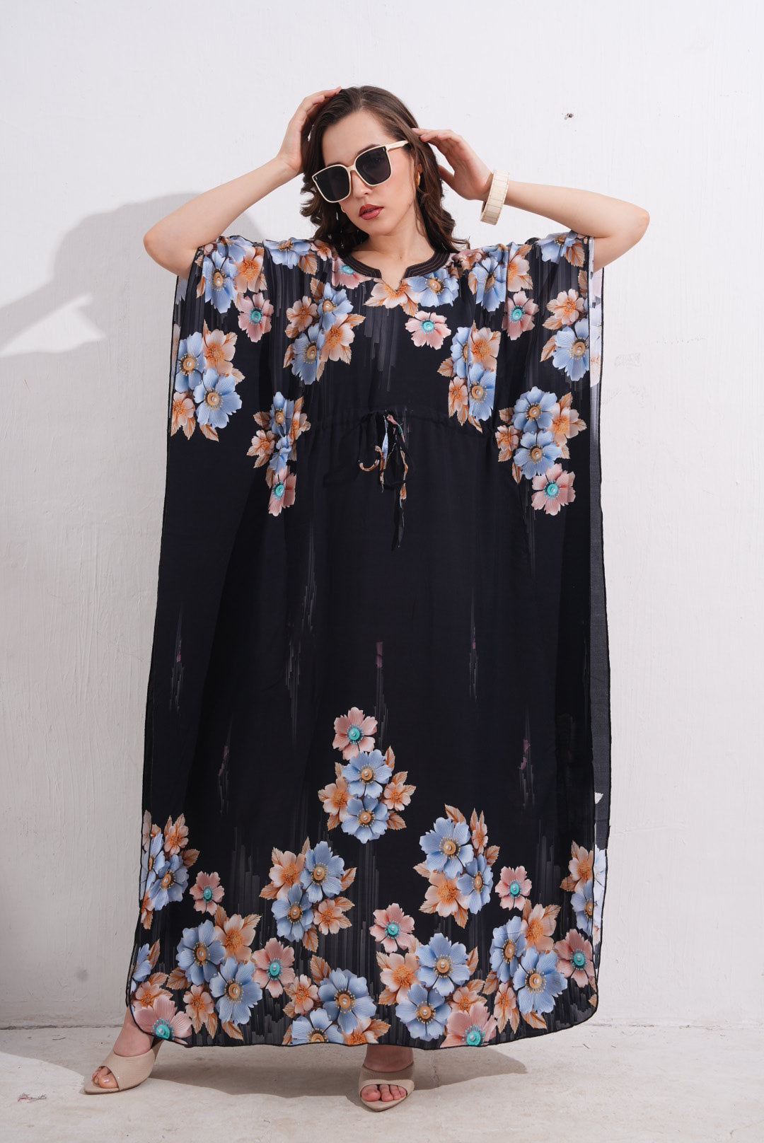 Womens Printed Kaftan Nightdress - Black