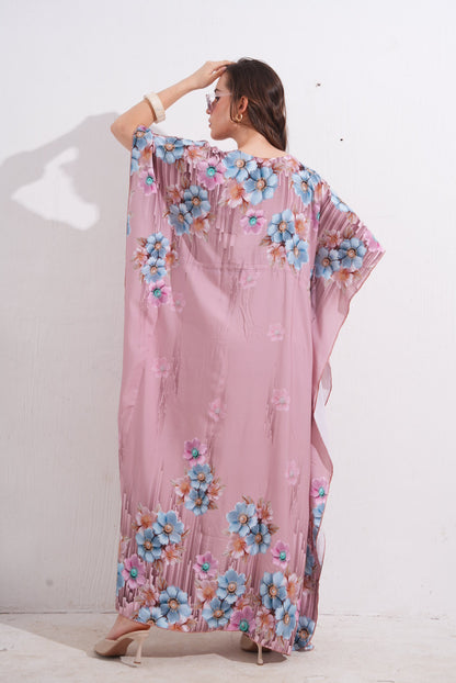 Womens Printed Kaftan Nightdress - Lipstick Pink