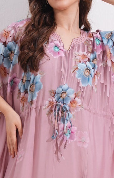 Womens Printed Kaftan Nightdress - Lipstick Pink