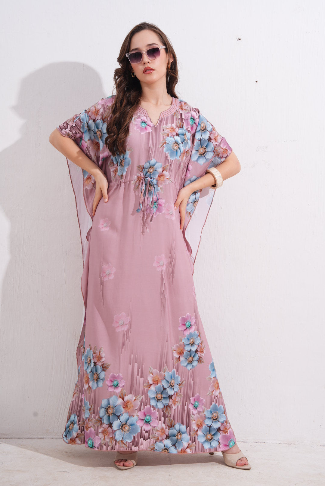 Womens Printed Kaftan Nightdress - Lipstick Pink