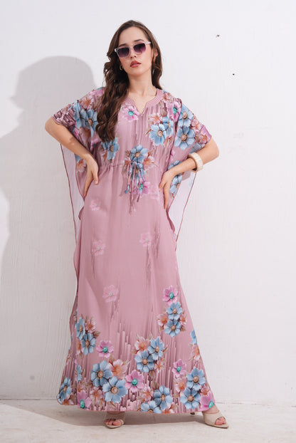 Womens Printed Kaftan Nightdress - Lipstick Pink
