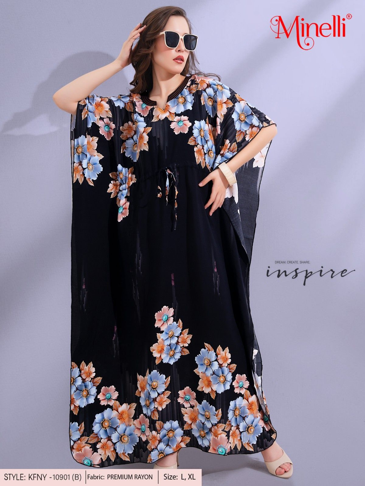 Womens Printed Kaftan Nightdress - Black