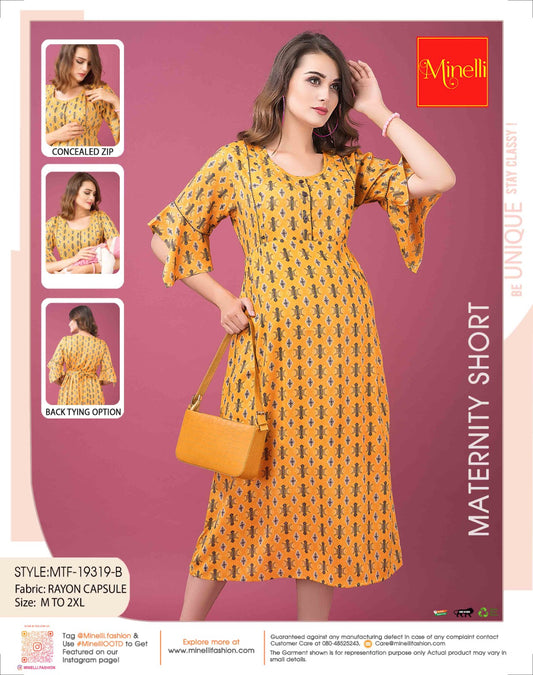 Womens Maternity 3/4th Gown - Mustard