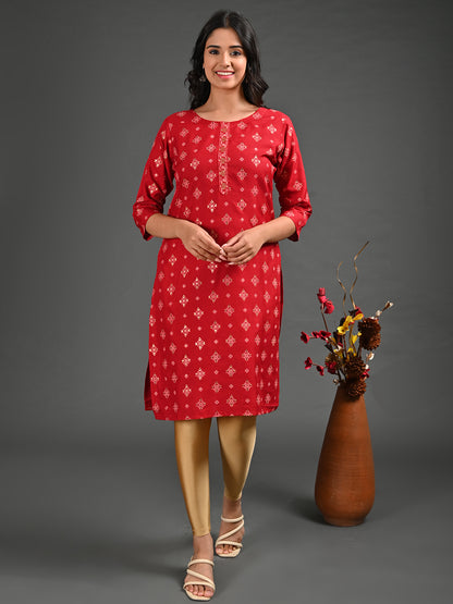 Womens Red-Colored Straight Kurta