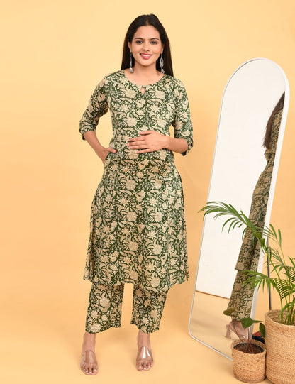 Womens Maternity Kurti Pant Set - Olive