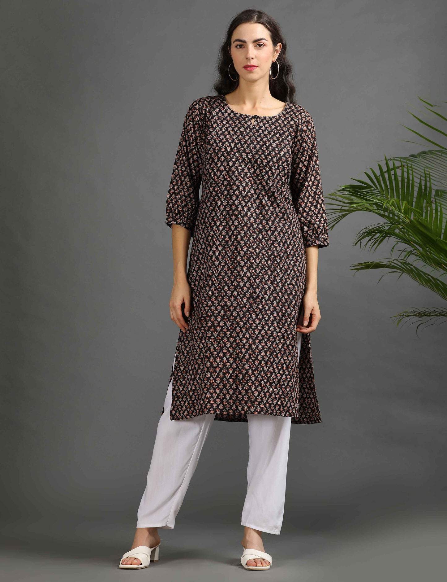 Womens Black-Colored Printed Feeding Kurta