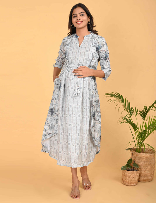 Grey-Colored Maternity 3/4th Gown