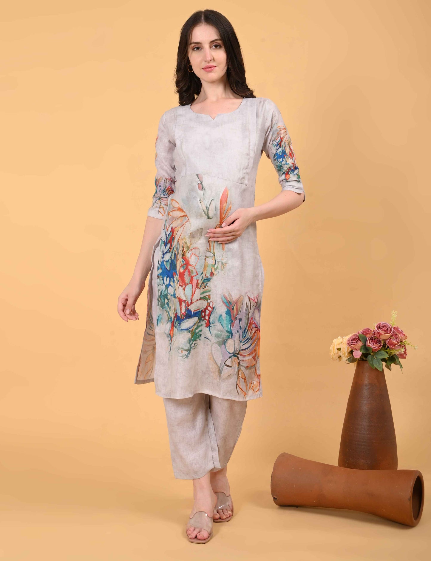 Womens Maternity Kurti Pant Set - Grey