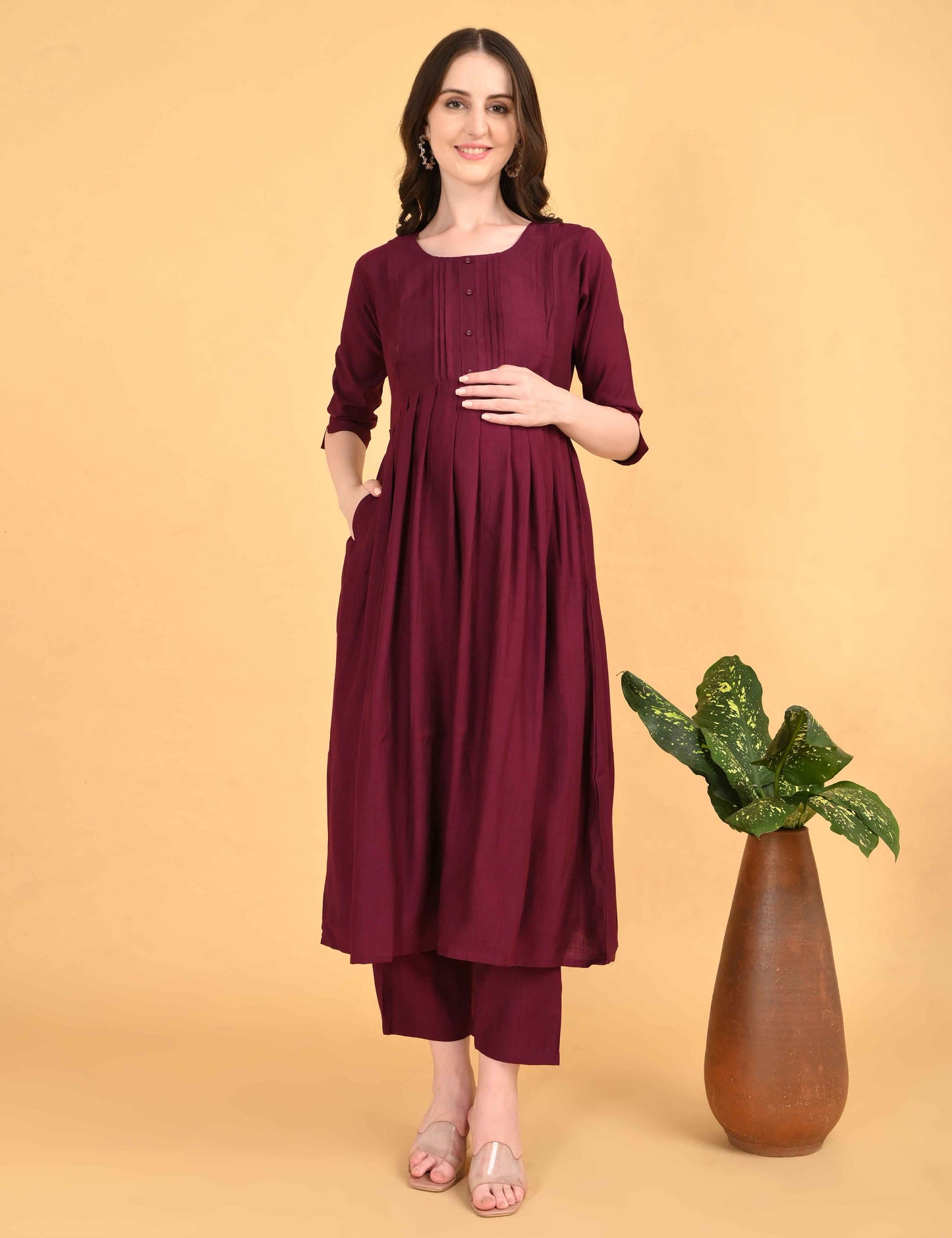 Womens Maternity Kurti Pant Set - Maroon