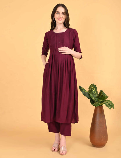 Womens Maternity Kurti Pant Set - Maroon