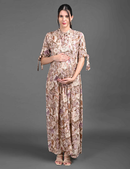 Womens Printed Maternity Long Gown - Brown