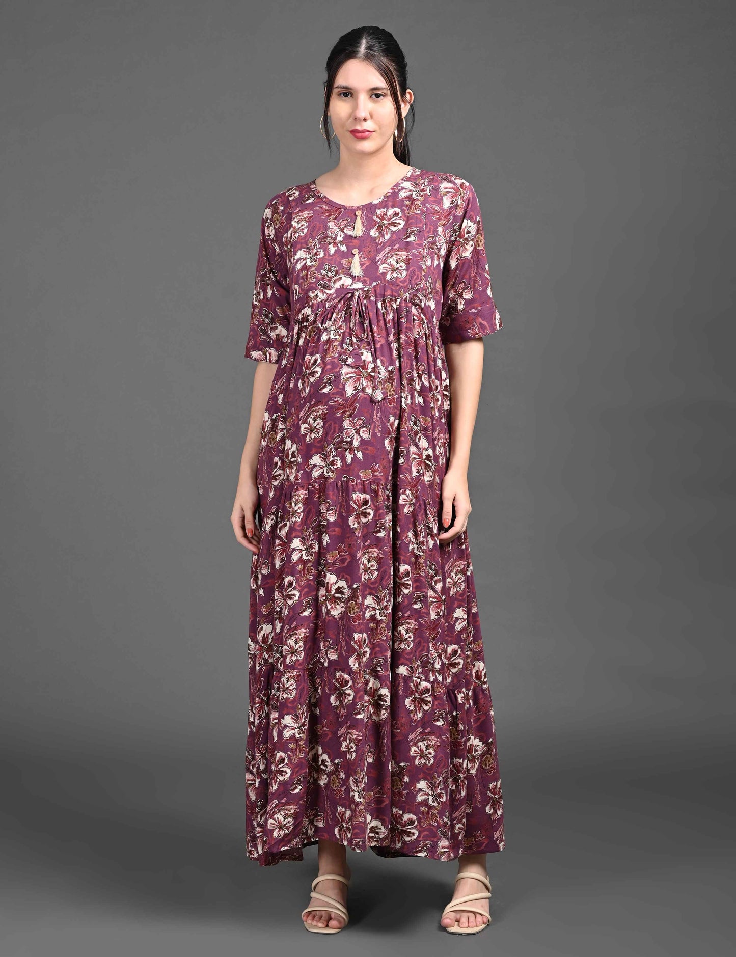 Womens Printed Maternity Long Gown - Wine