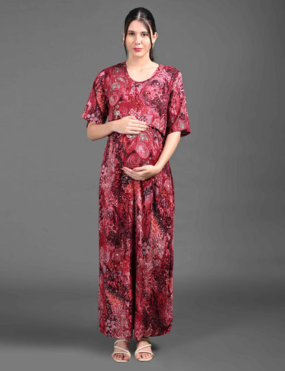 Womens Printed Maternity Long Gown - Maroon