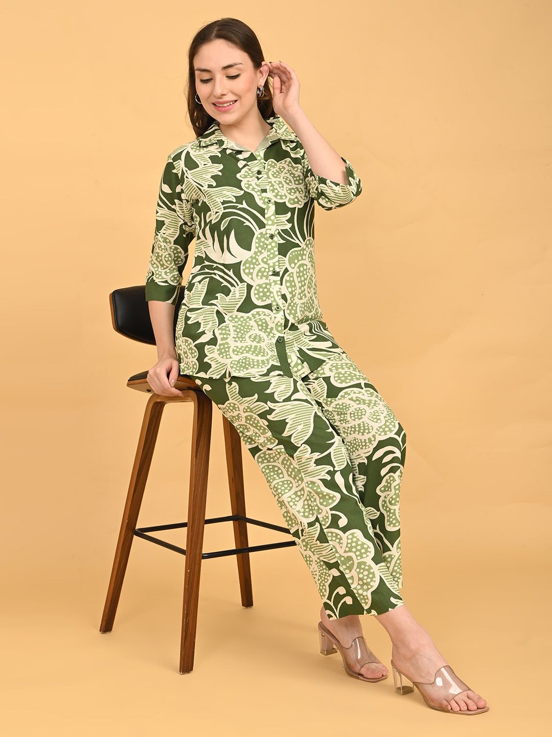 Olive-Colored Printed Co-Ord Set