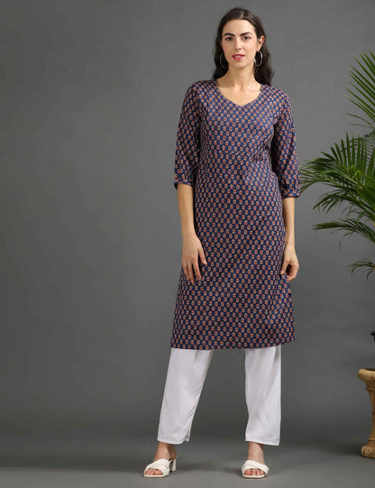 Womens Navy-Colored Printed Feeding Kurta