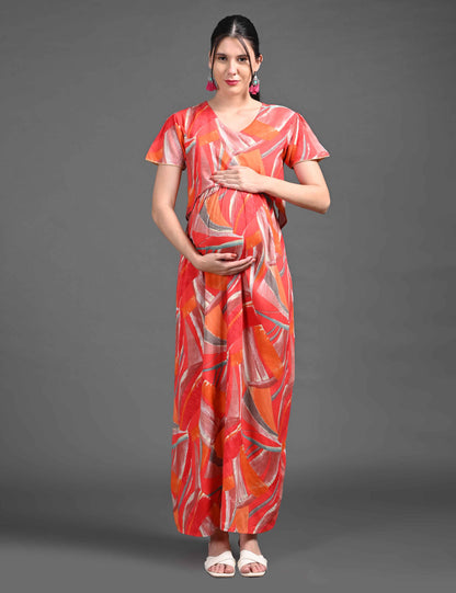 Womens Printed Maternity Long Gown - Orange