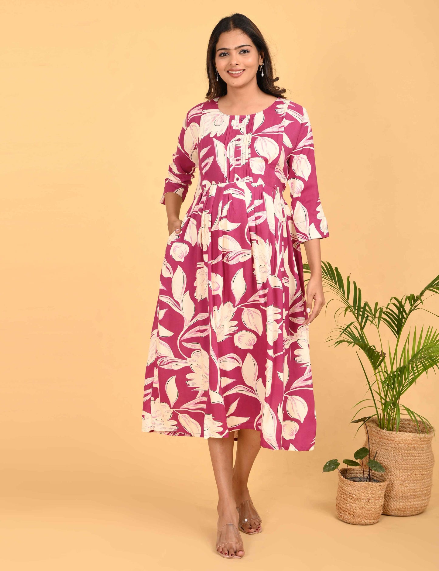 Fuchsia-Colored Maternity 3/4th Gown