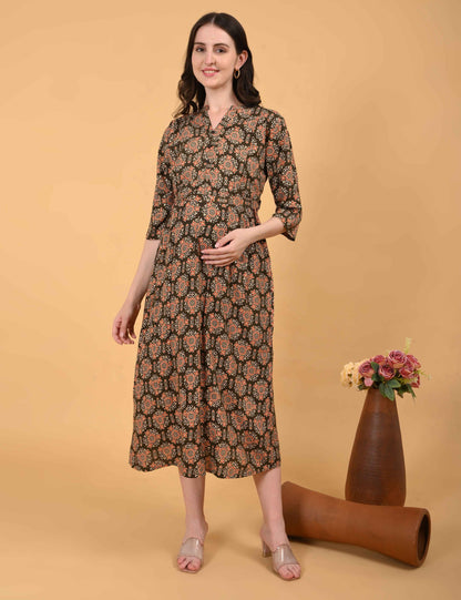 Khaki-Colored Maternity 3/4th Gown