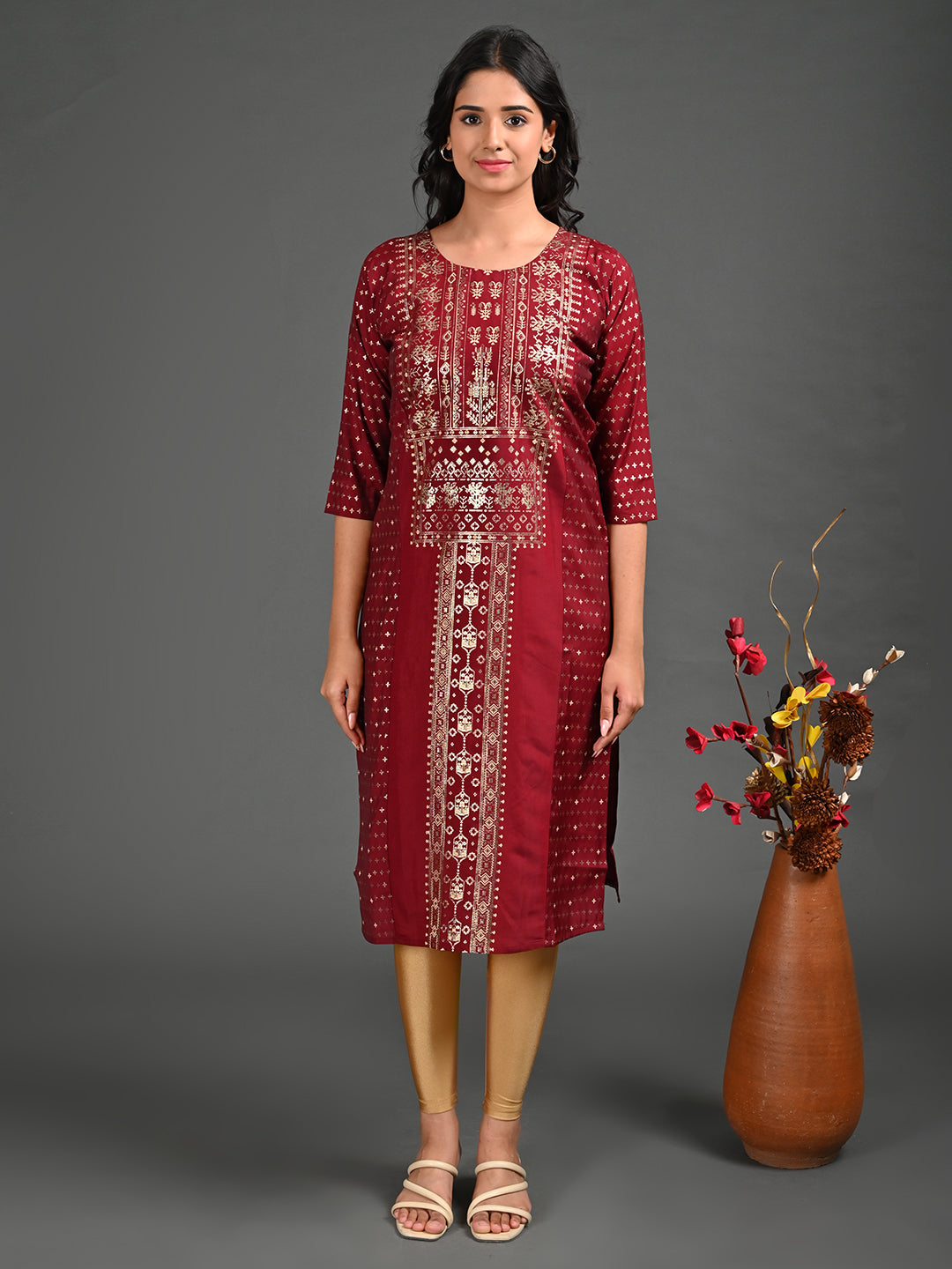 Womens Maroon-Colored Straight Kurta