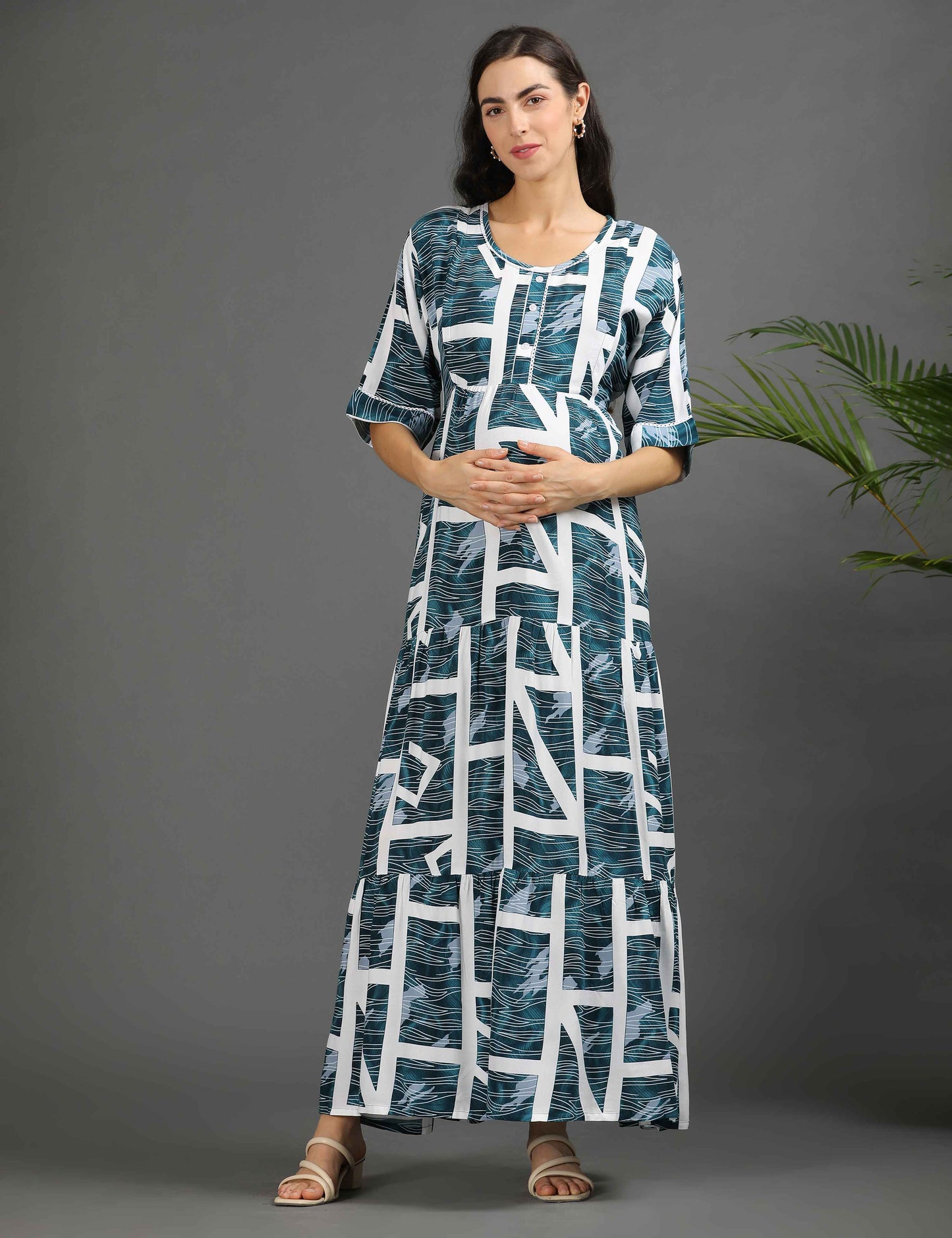 S.Green-Colored Maternity Long Gown