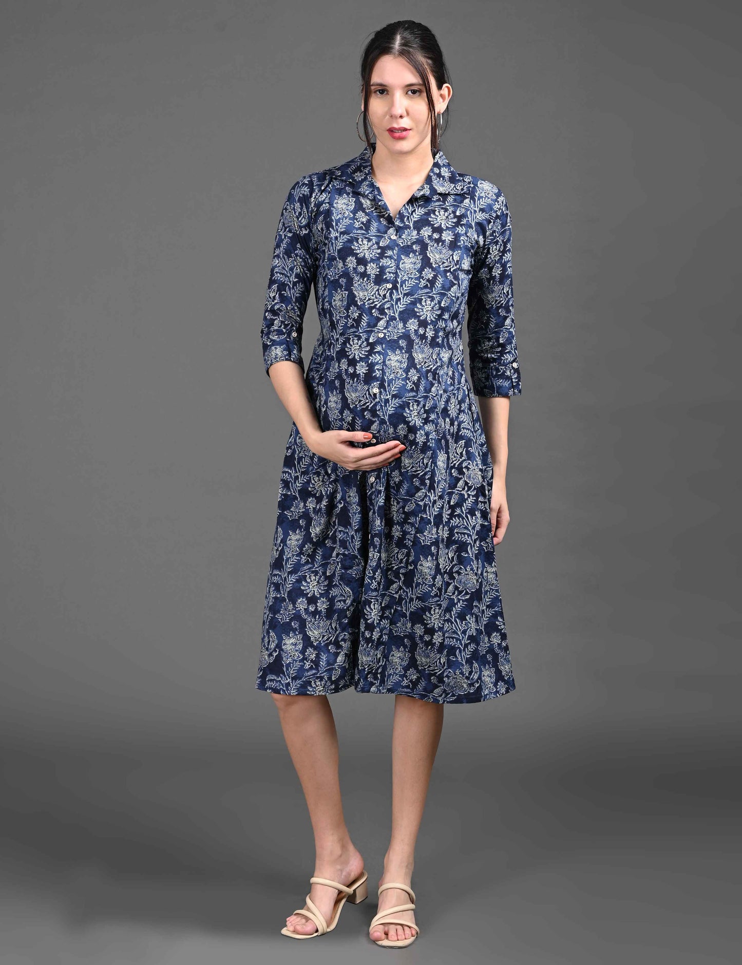 Navy Blue-Colored Maternity 3/4th Gown