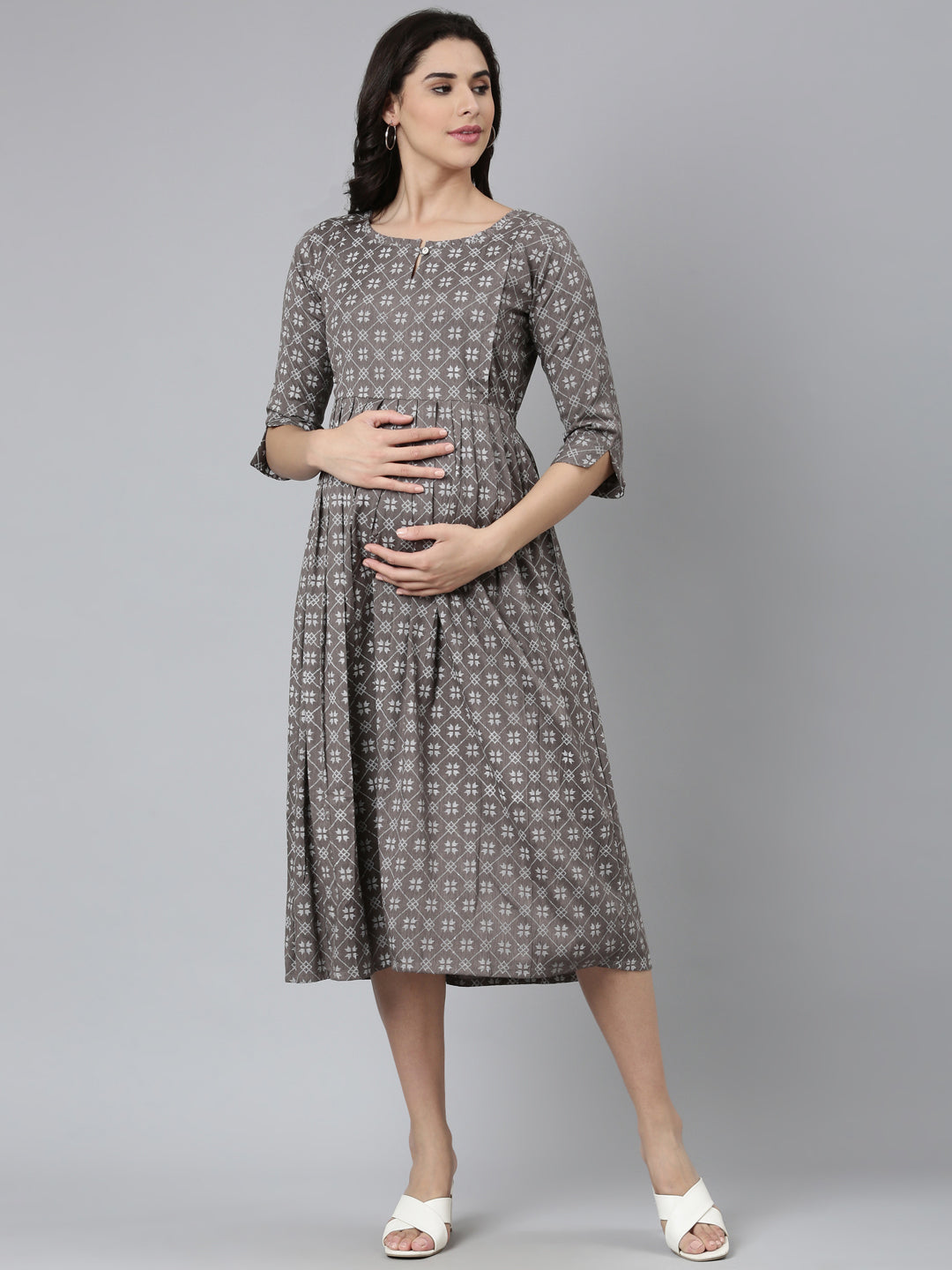 Womens Maternity 3/4th Gown - Grey