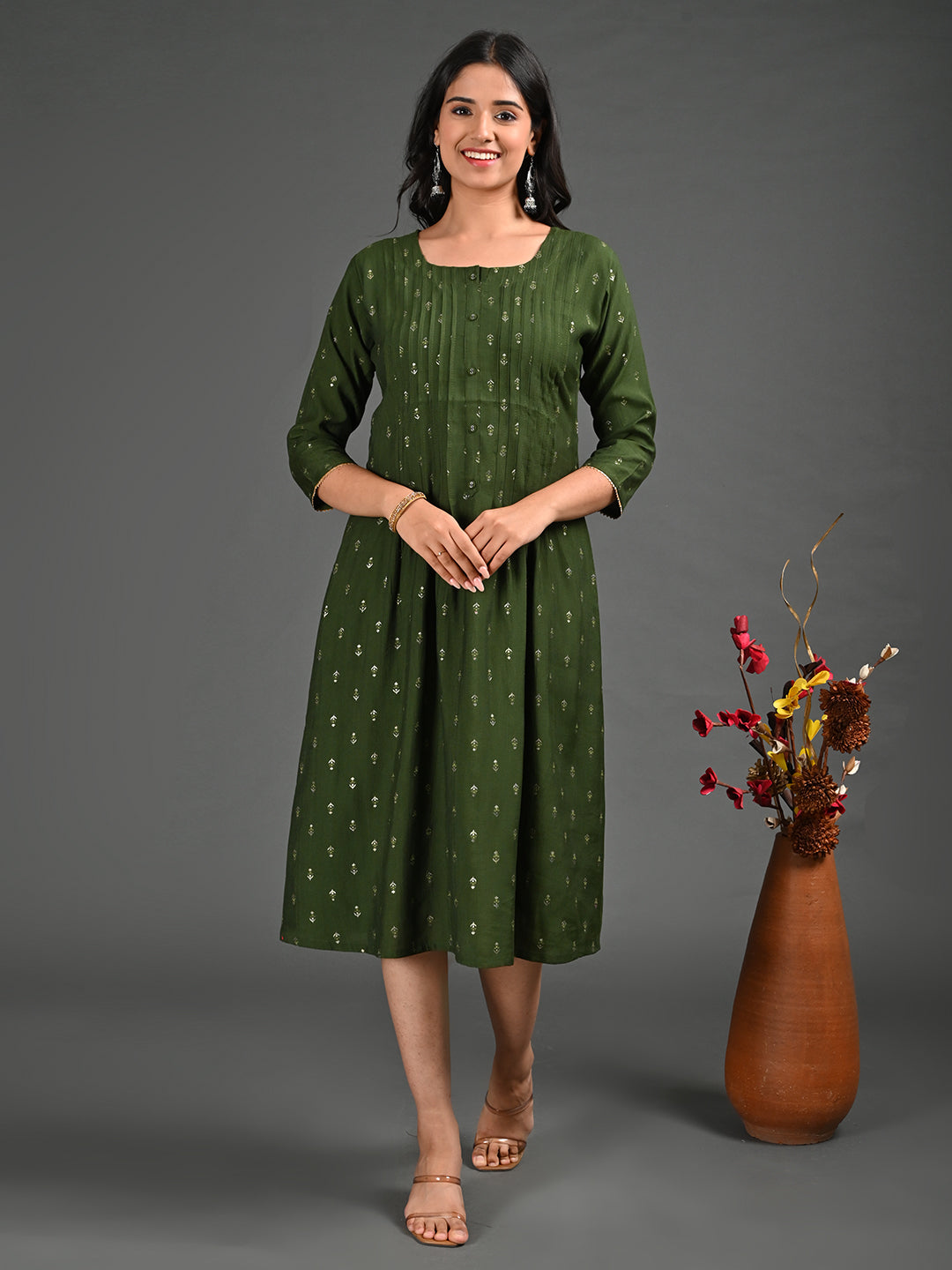 Womens Olive-Colored A-Line Kurta