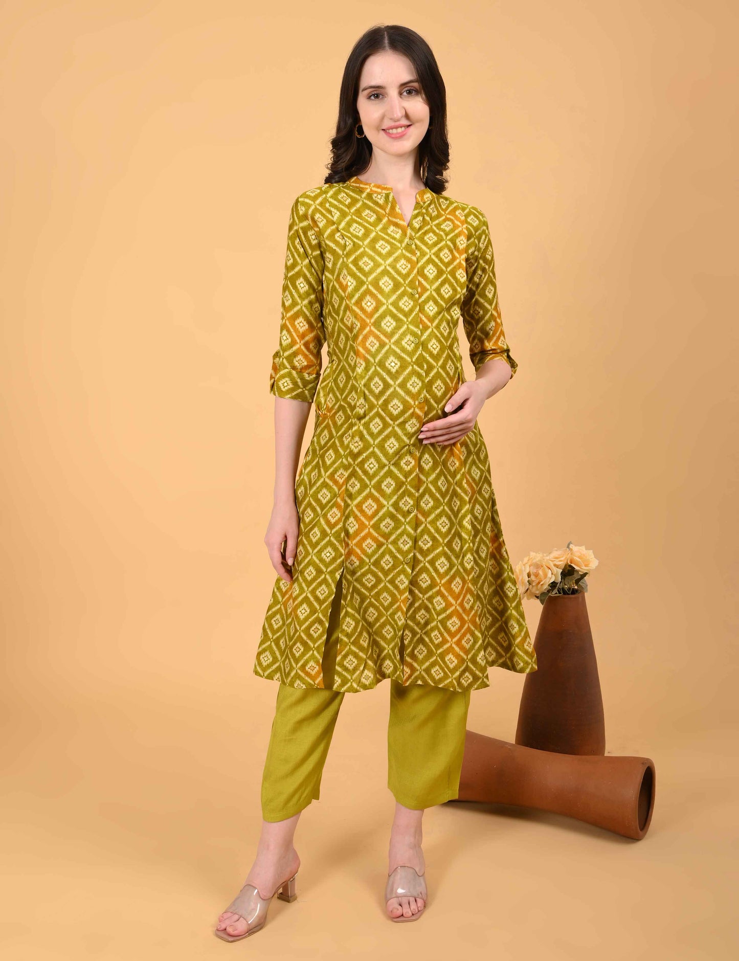 Womens Maternity Kurti Pant Set - Mehndi