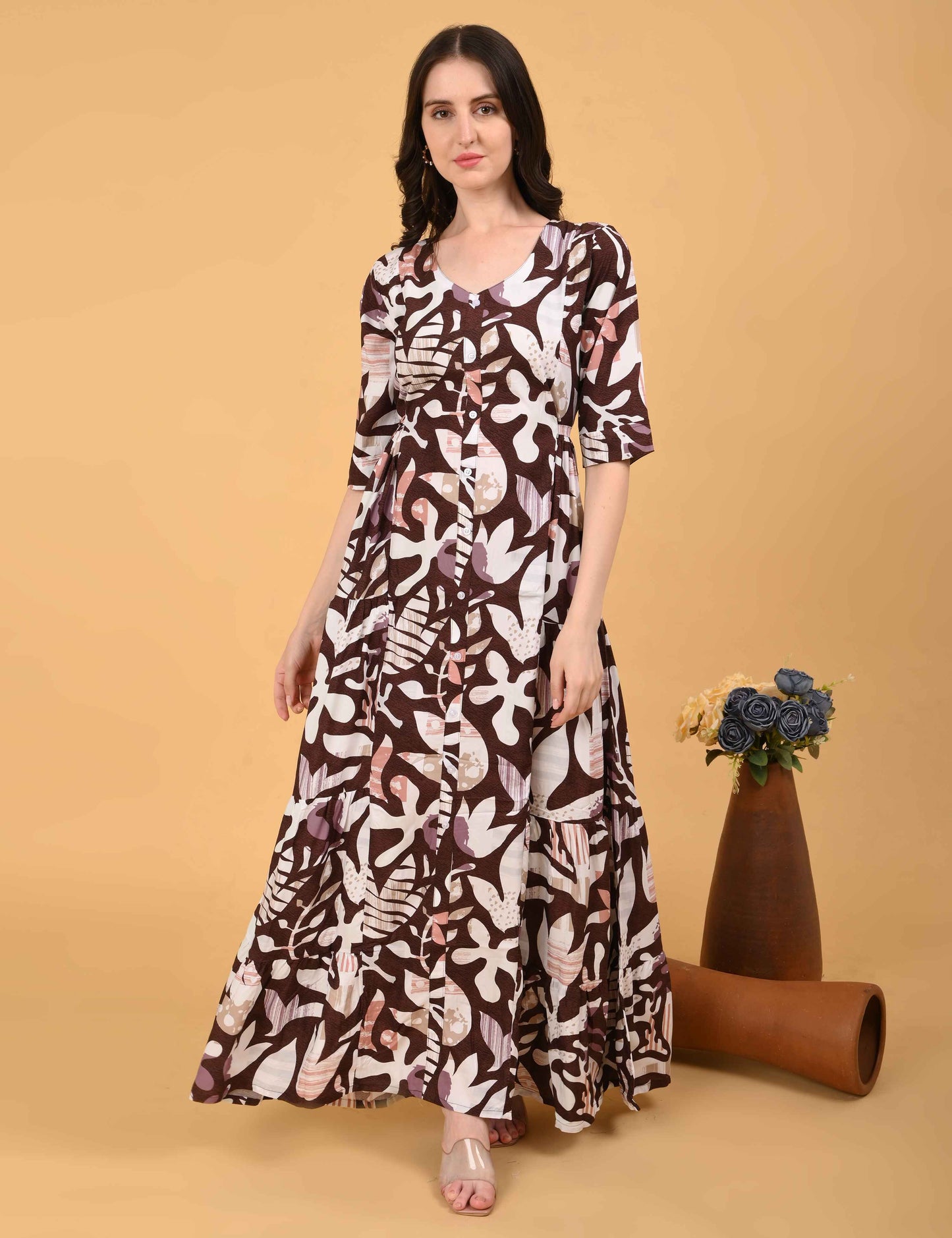 Womens Coffee-Colored Premium Flare Gown