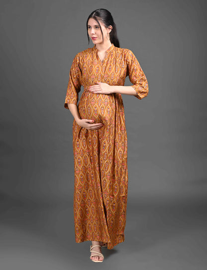 Womens Printed Maternity Long Gown - Brown